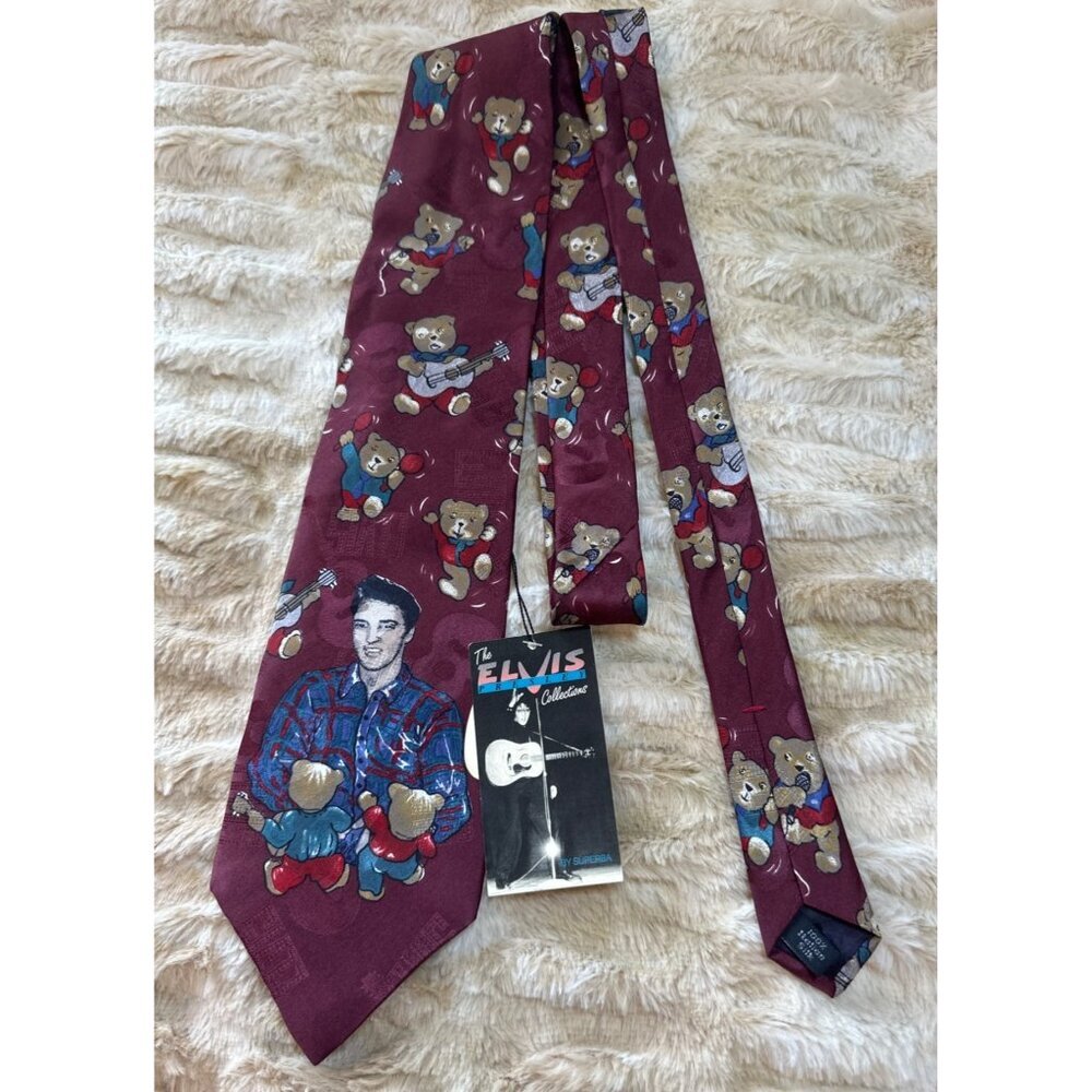 Vintage (1990)‎ Elvis Presley Collection Teddy Bear Tie Burgundy, NWT, 100% Silk